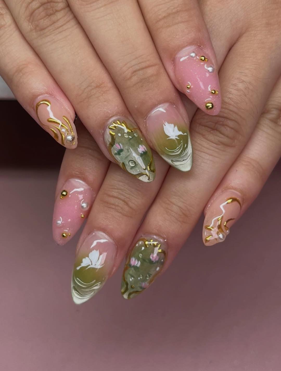 Ornate Pink And Green Nature Inspired Nail Art