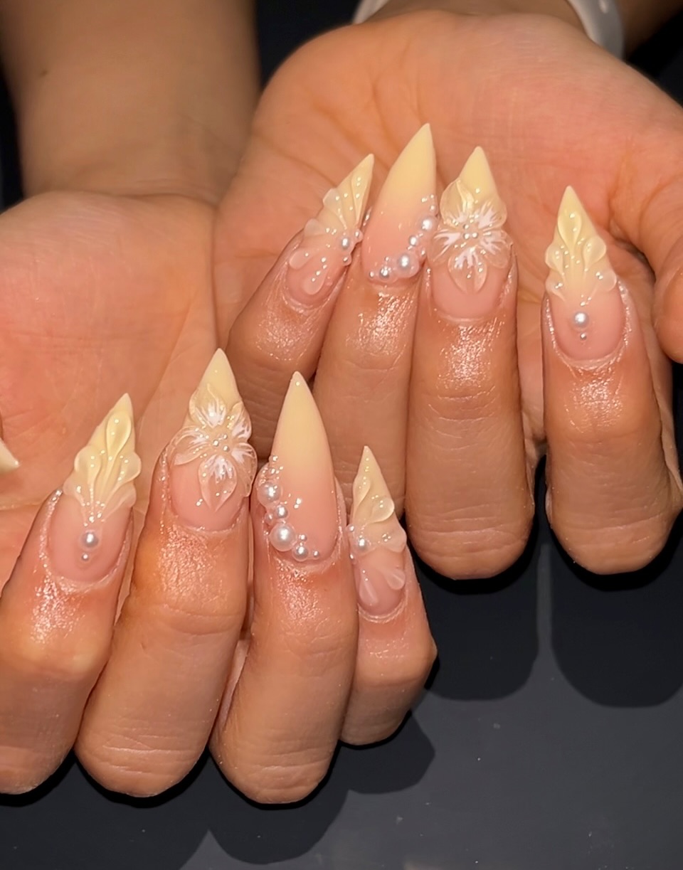 Pale Yellow 3D Pearl Stiletto Nails