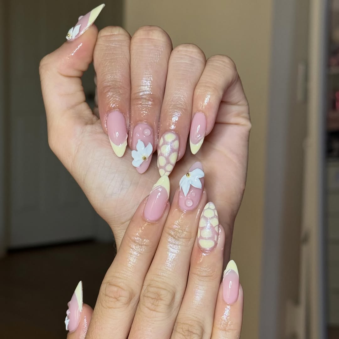 Pale Yellow Animal Print and 3D Flower Nails