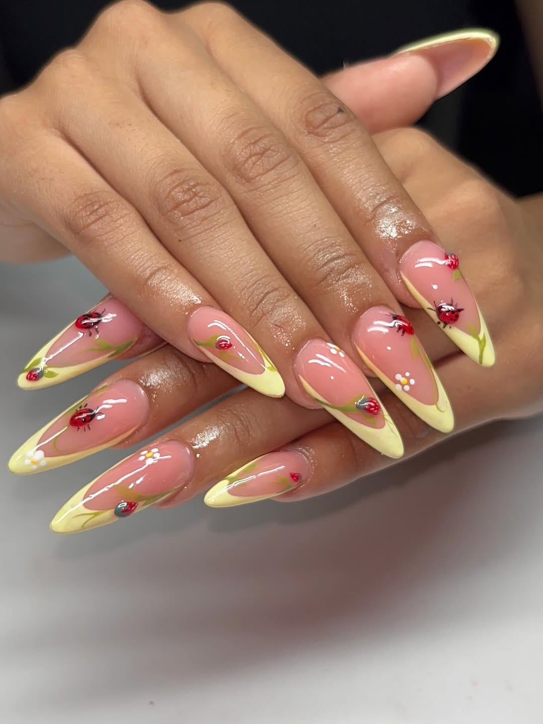 Pale Yellow French Tips with Cute Ladybug Art