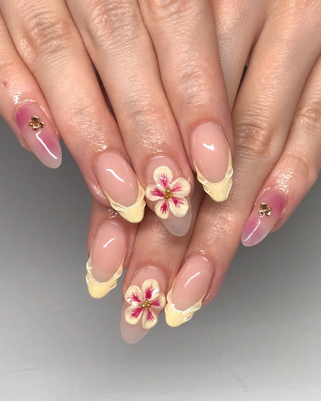 Pale Yellow French and 3D Pink Flower Nails