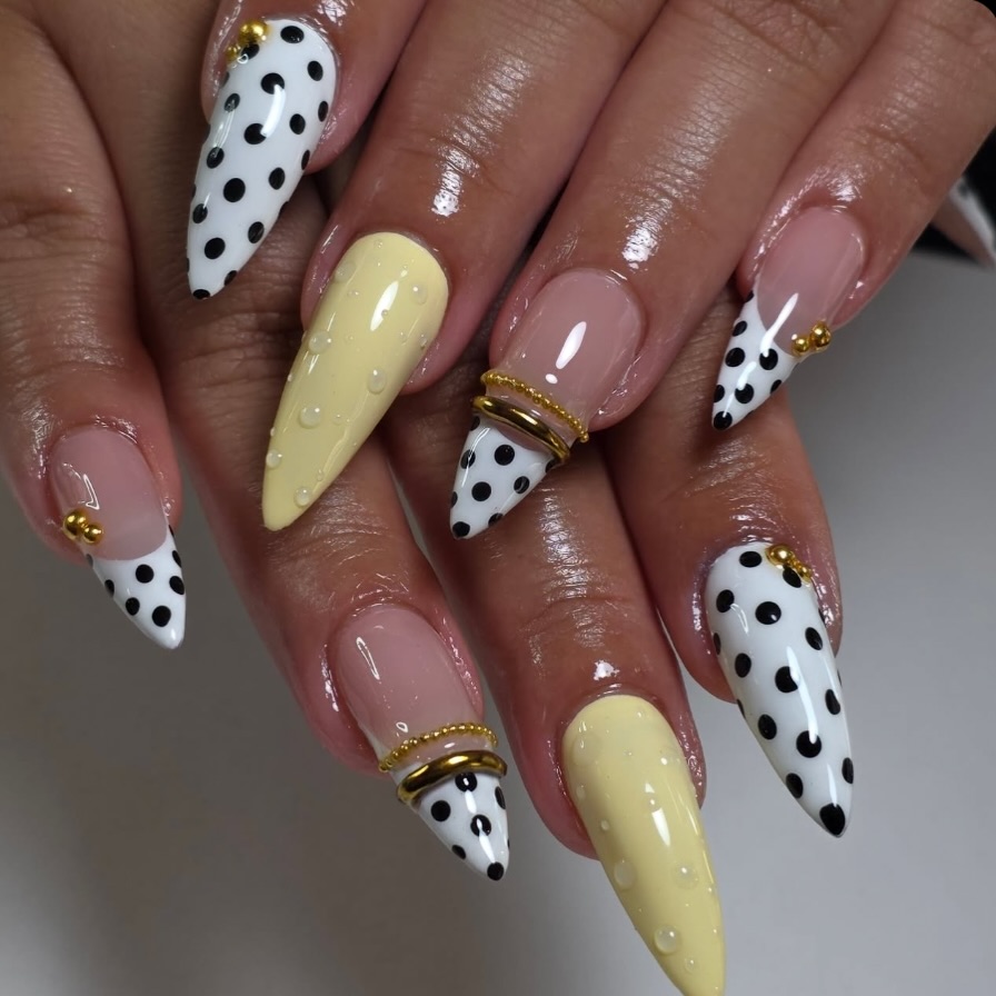 Pale Yellow Water Drop and Polka Dot Nails