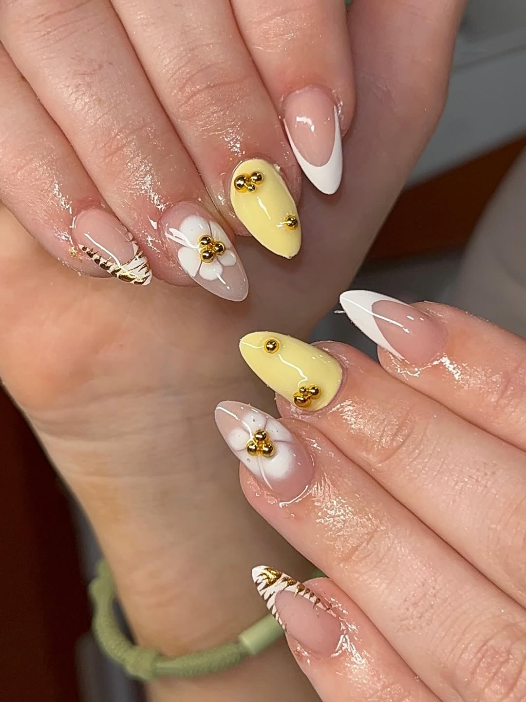 Pale Yellow and White Floral Almond Nails