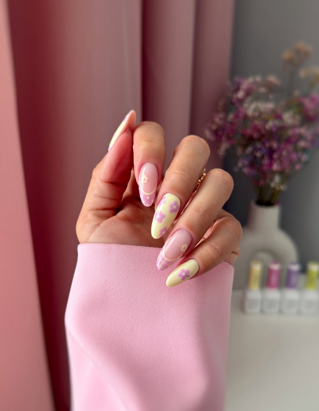 Pastel Pink and Yellow Floral Nails