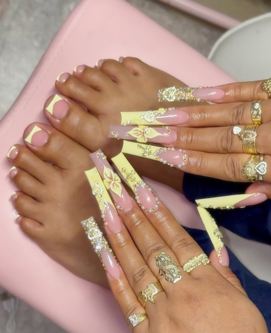 Pastel Yellow Pearl And Floral Nails