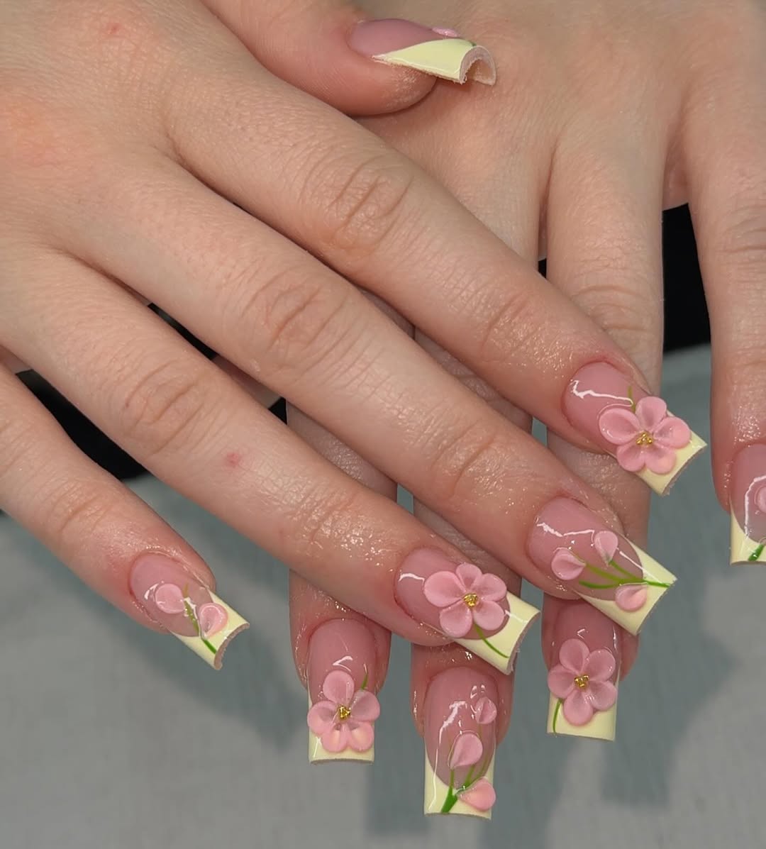 Pastel Yellow Tips with 3D Pink Flowers
