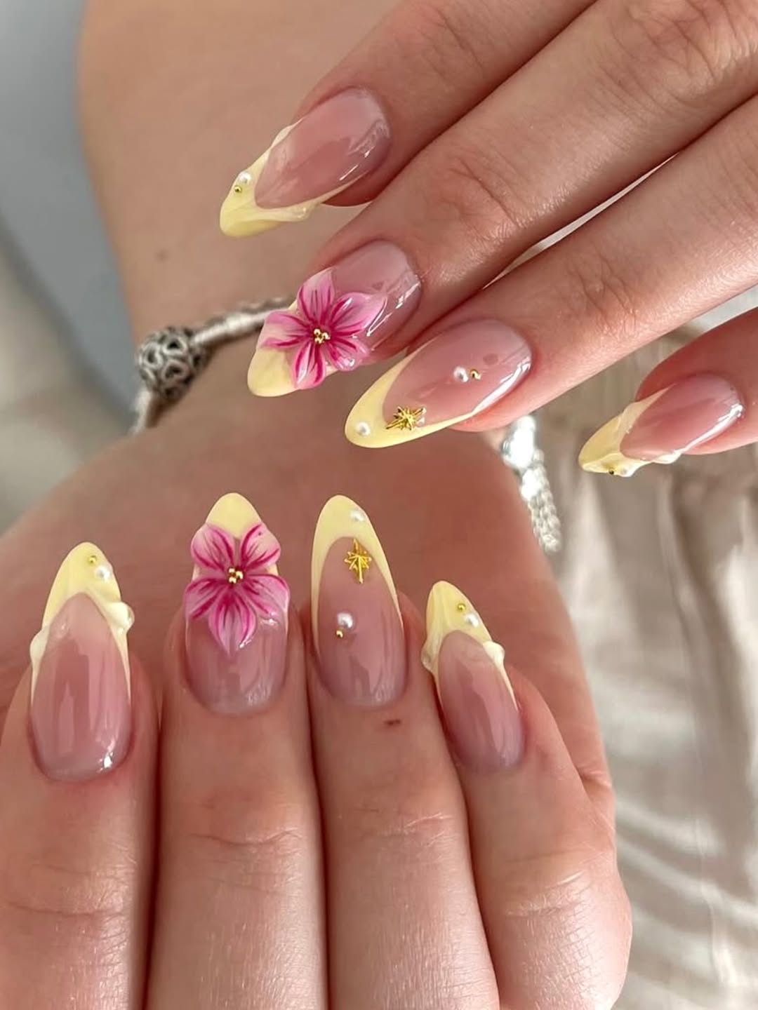 Pastel Yellow Tips with Pink Blossoms