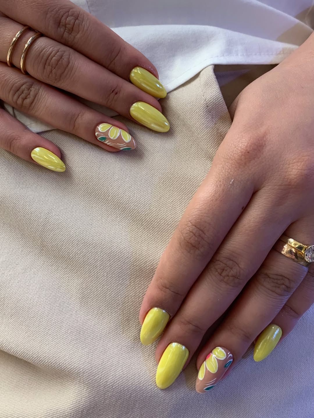 Pearl Yellow Almond Nails with Floral Accents