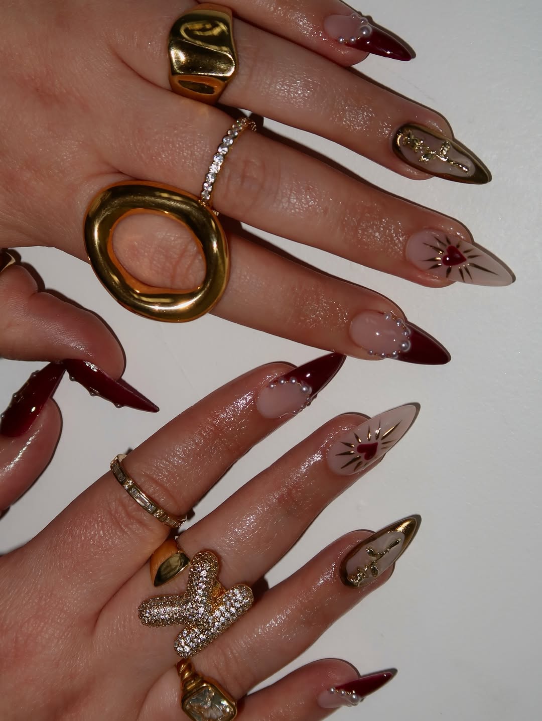 Pearl and Gold Embellished Oxblood Nails