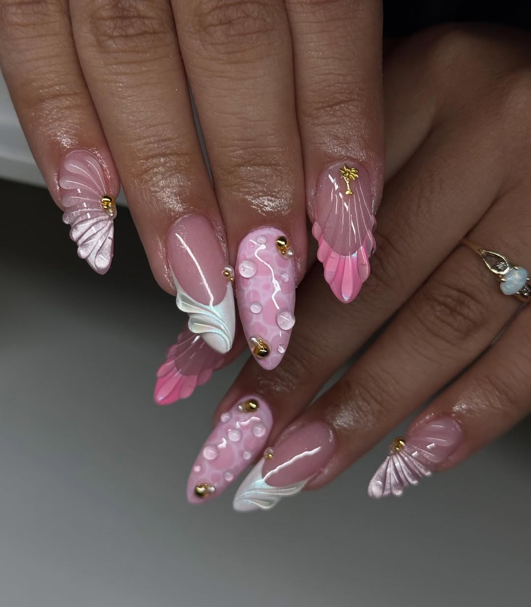 Pink 3D Seashell and Water Droplet Nails