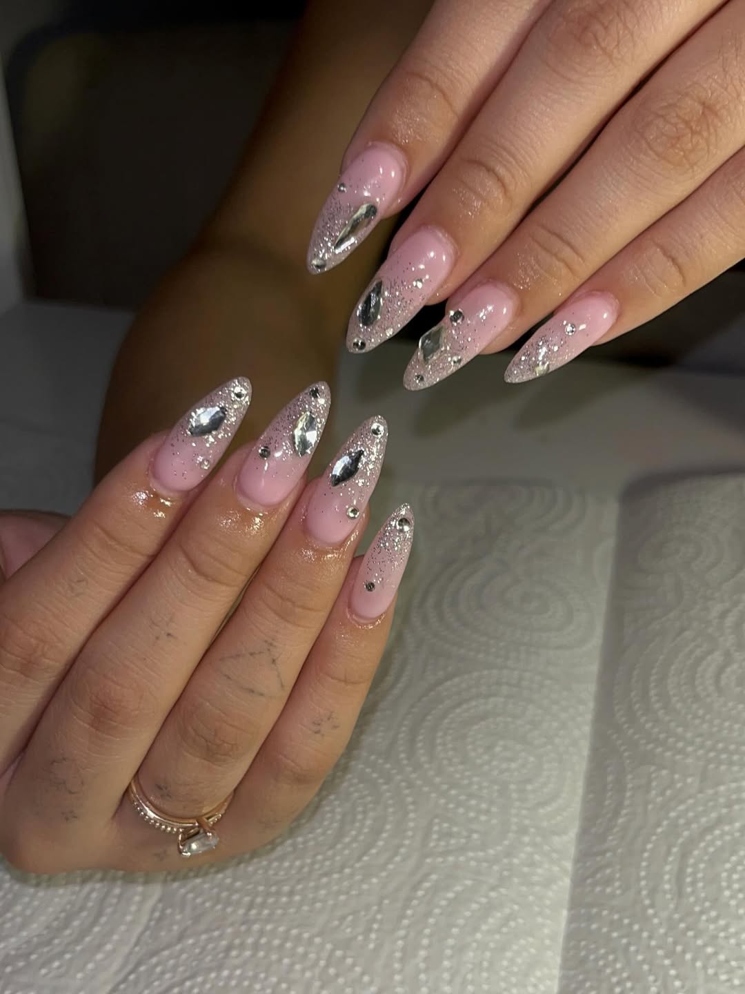 Pink Almond Extensions With Diamond Jewels