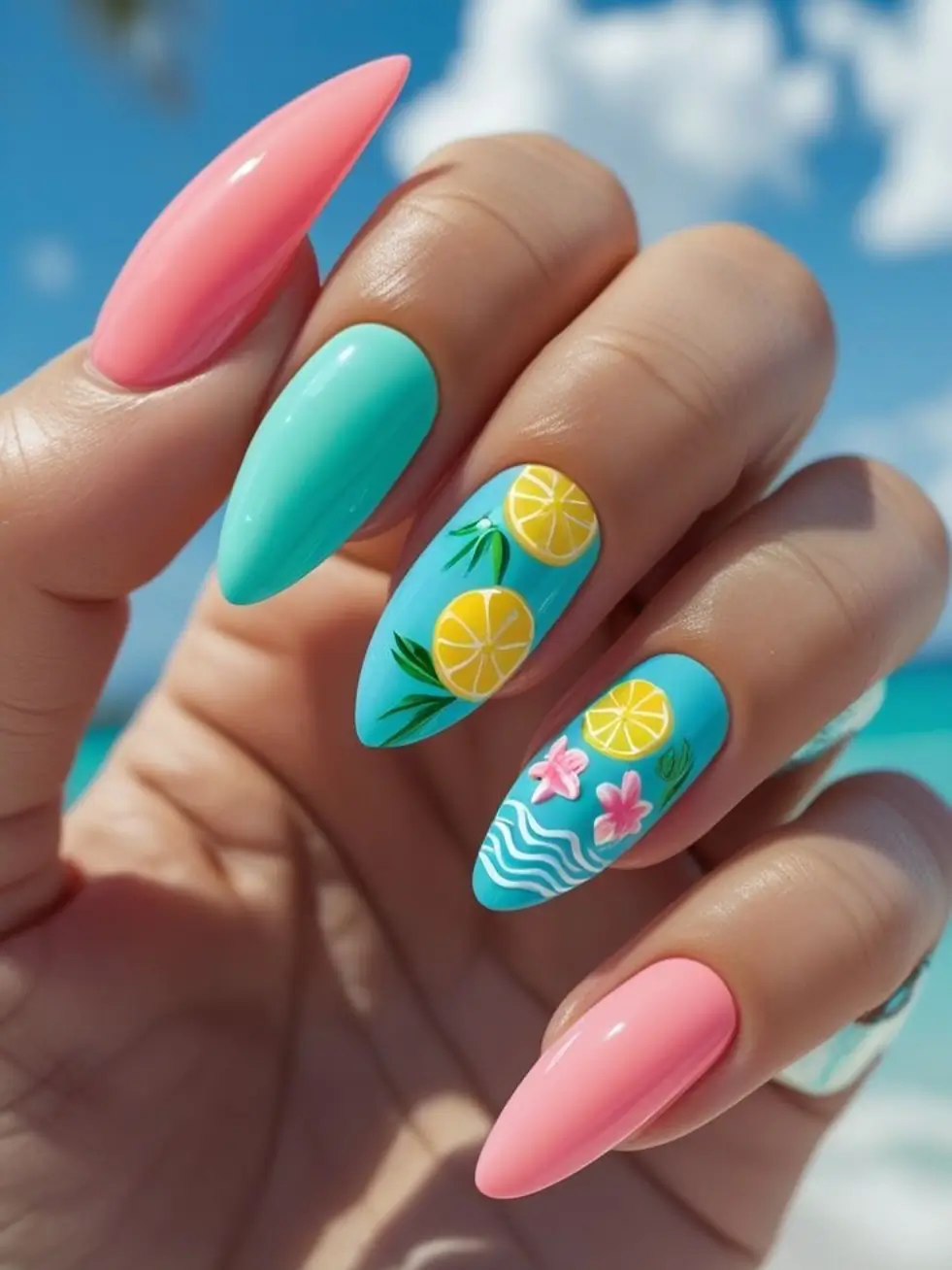 Pink And Blue Tropical Lemon Art