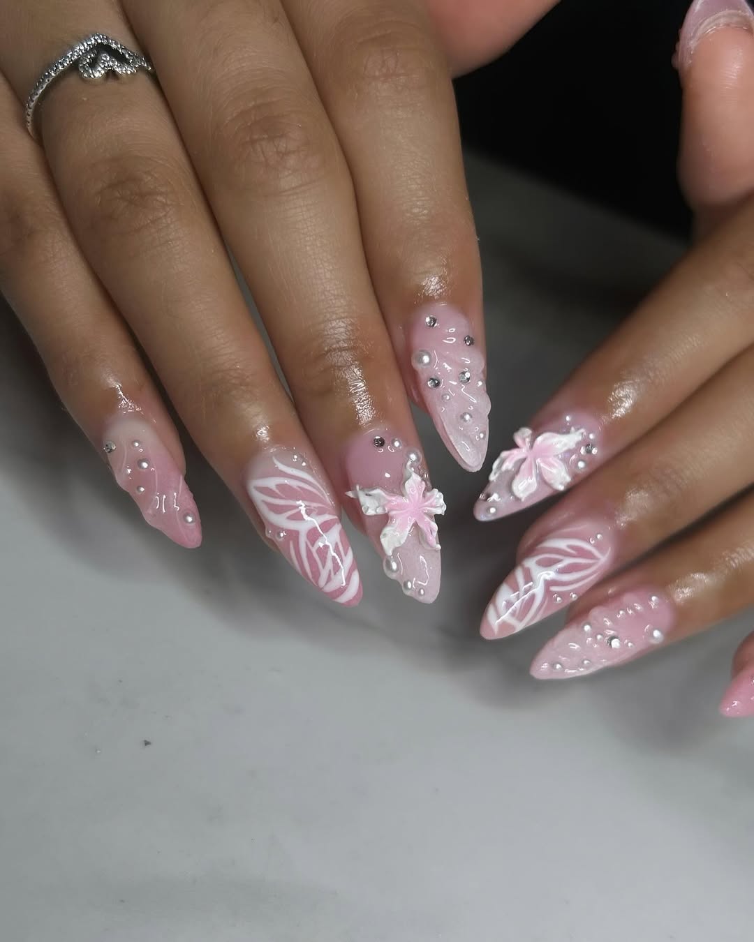 Pink And White 3D Flower Nails