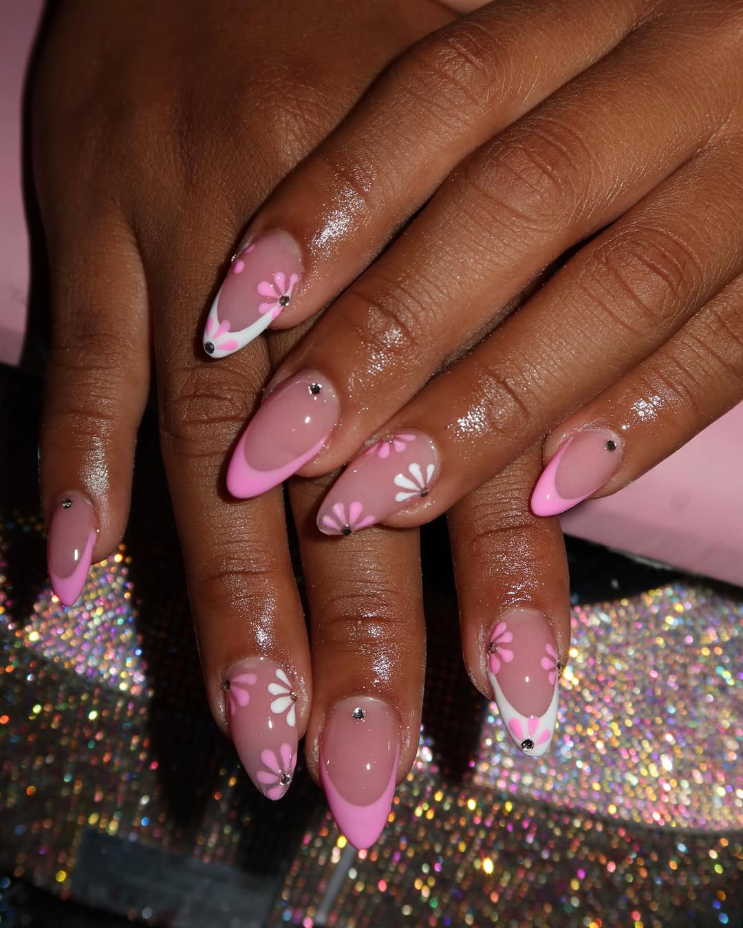 Pink And White Floral French Tip Nails