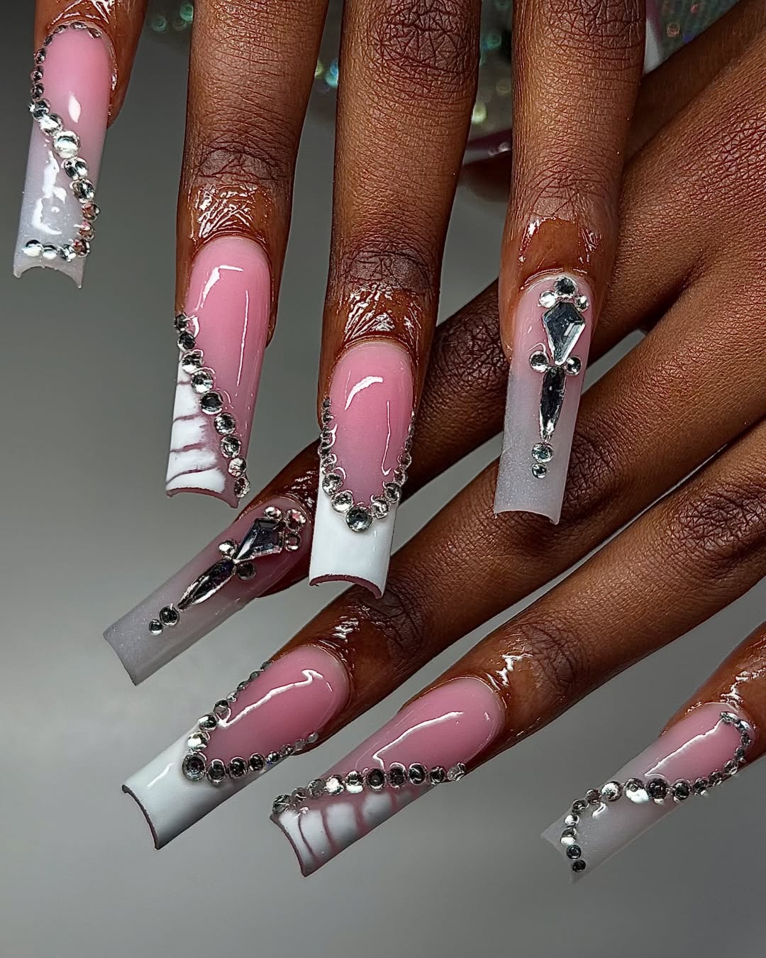 Pink And White Rhinestone Square Nails