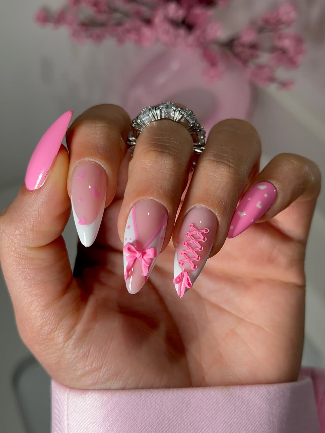Pink Bow and Corset Stiletto Nails