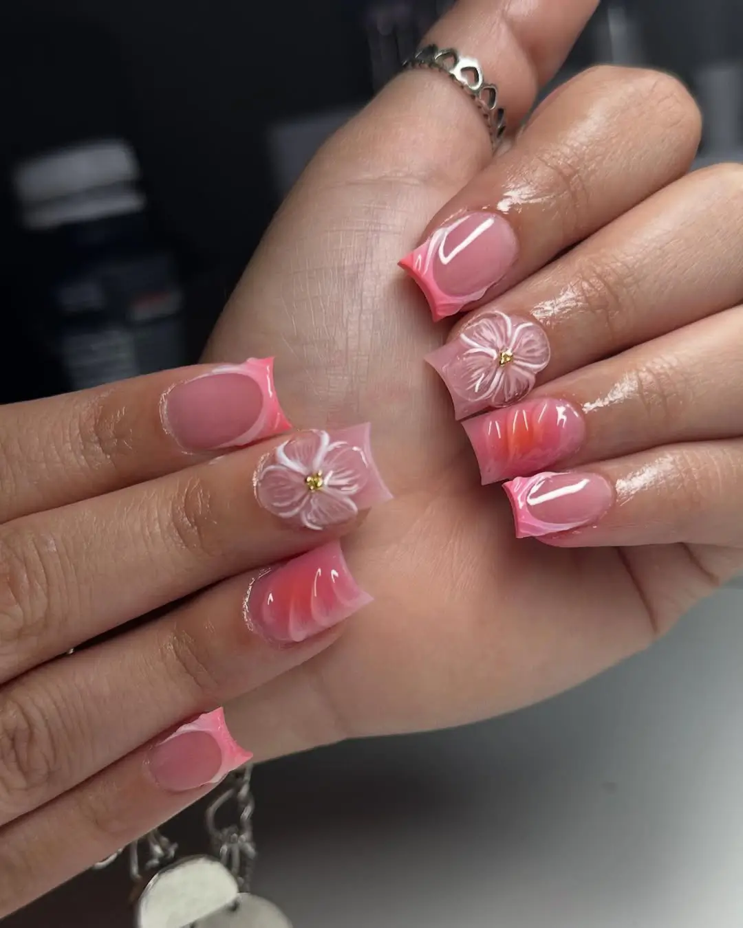 Pink Flared Tips And White Flower Art