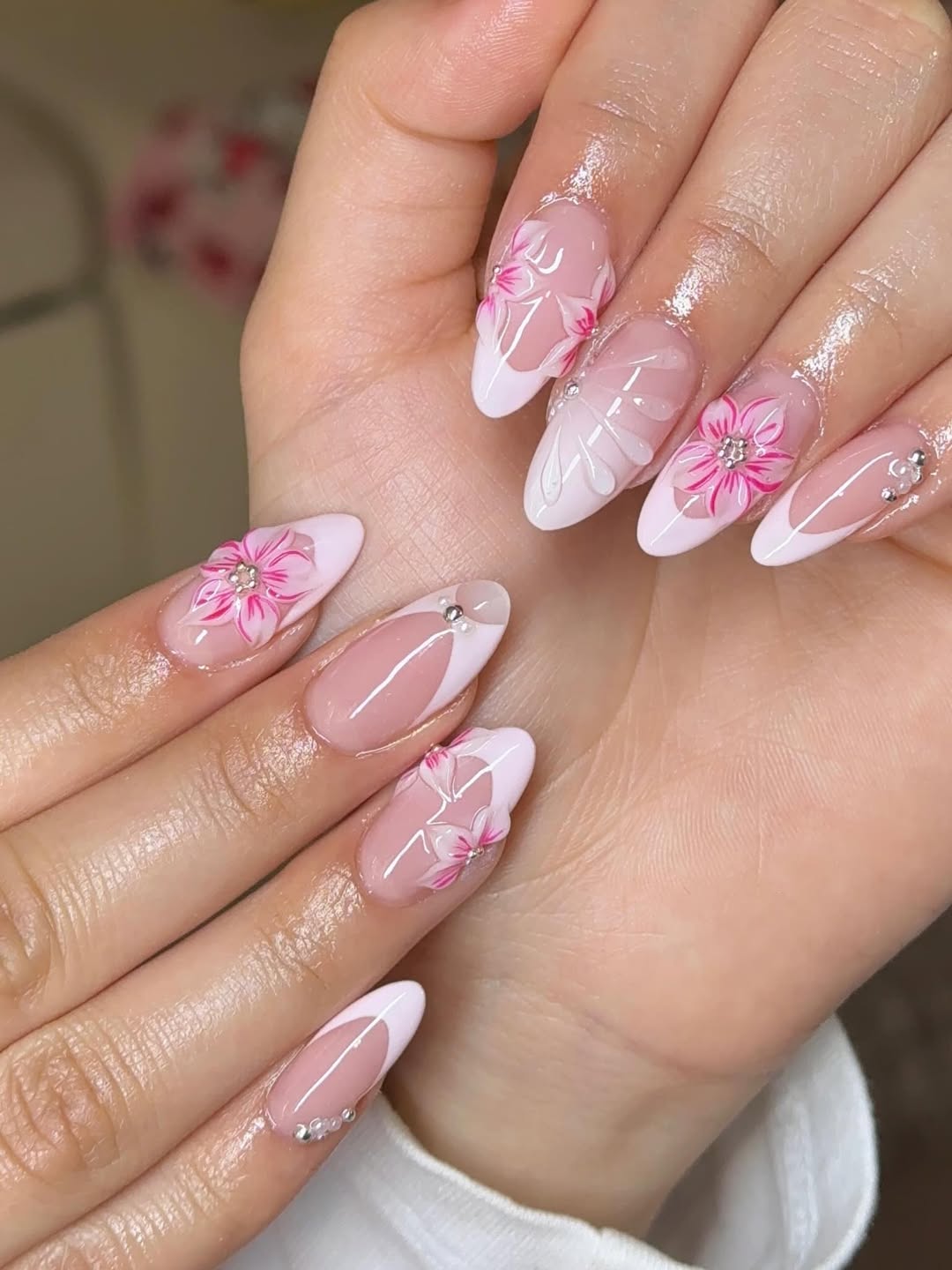 Pink Floral and White French Almond Nails