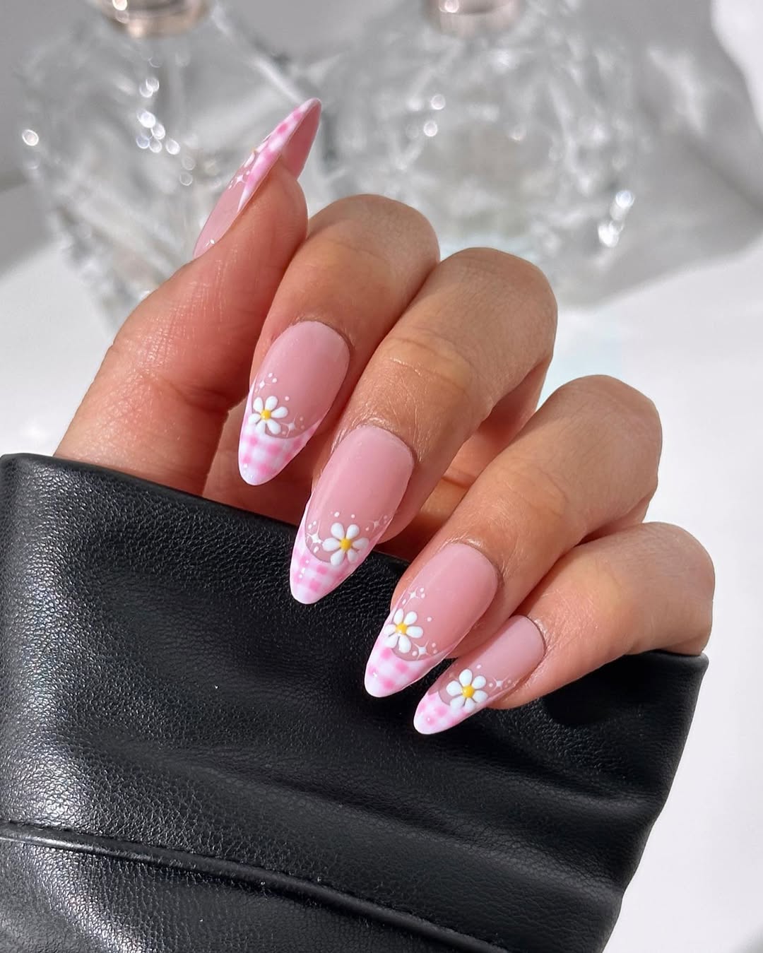 Pink Gingham Daisy French Manicure