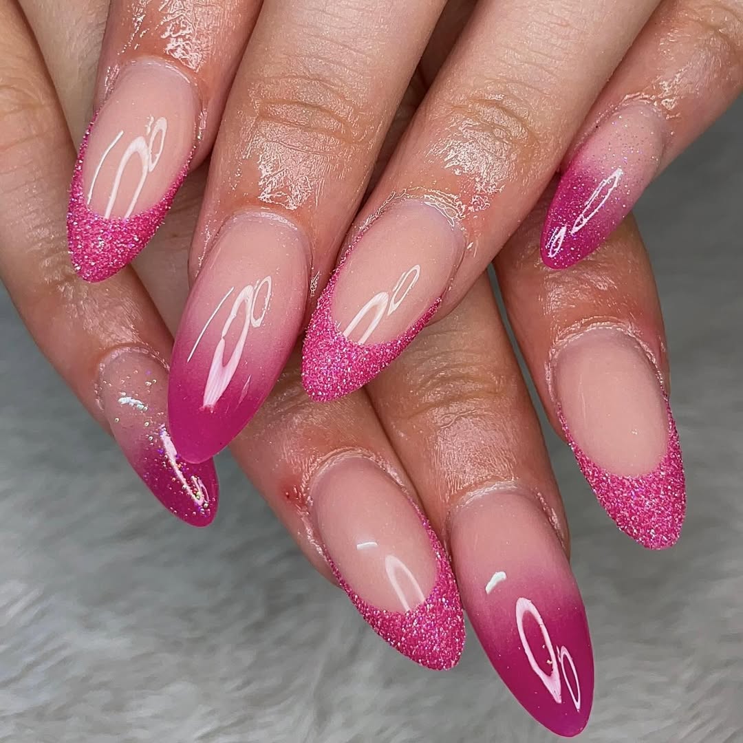 Pink Glitter Tips And Ombre Almond Nails