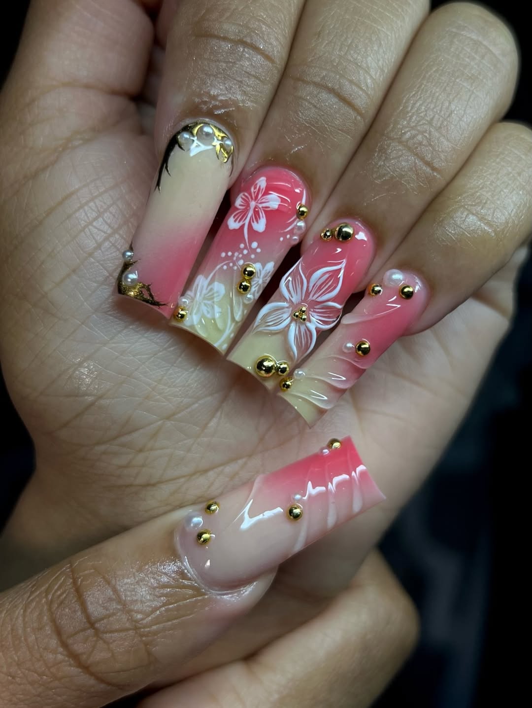 Pink Ombre and Pearl Floral Square Nails