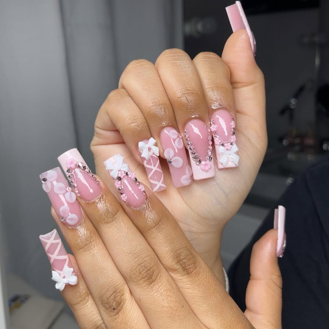 Pink Square Nails With Bows And Rhinestones