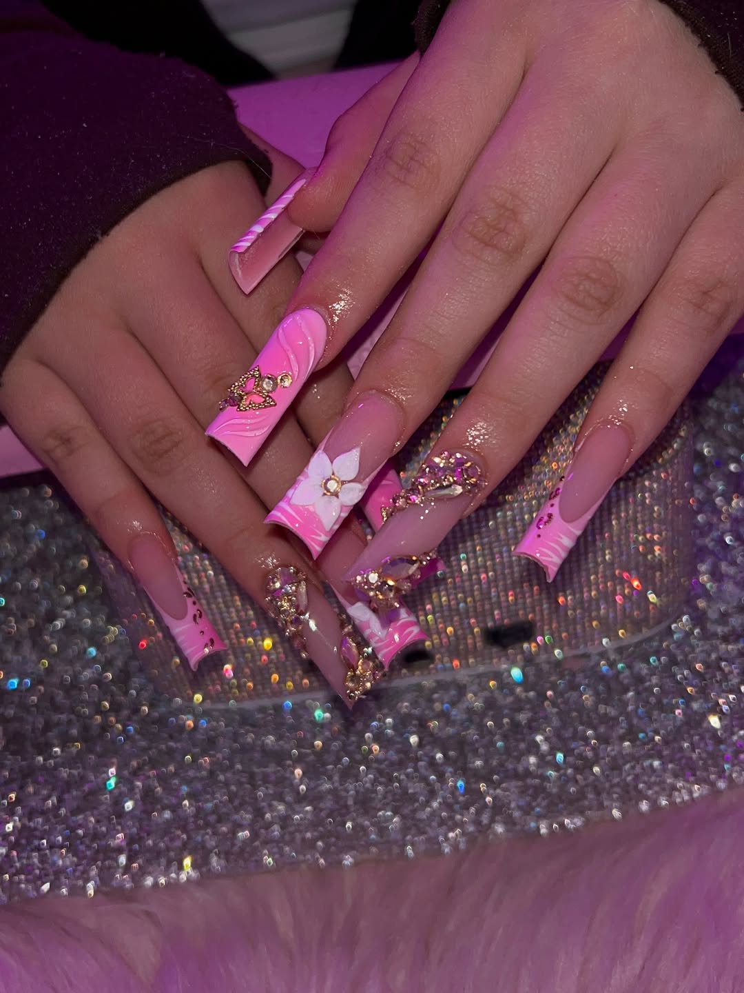 Pink Swirl and Crystal Square Nails