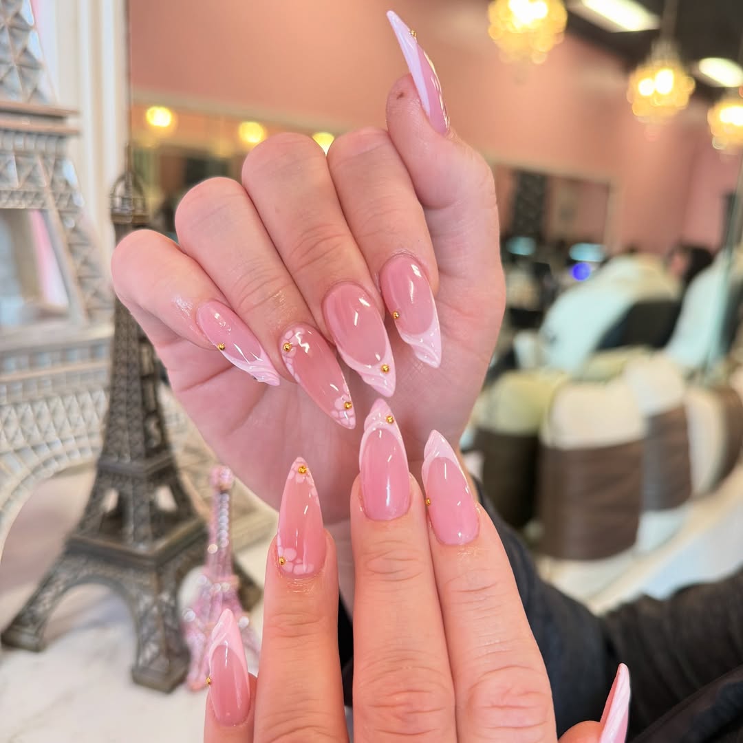 Pink Swirl and Gold Stud Nails