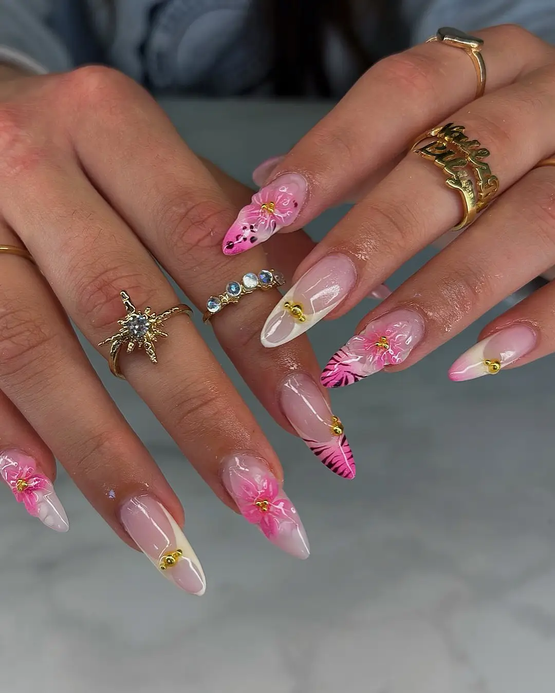 Pink Tiger Print and Floral Stiletto Nails