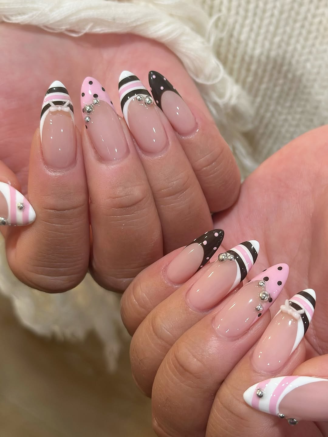 Pink and Black Polka Dot Bow Nails