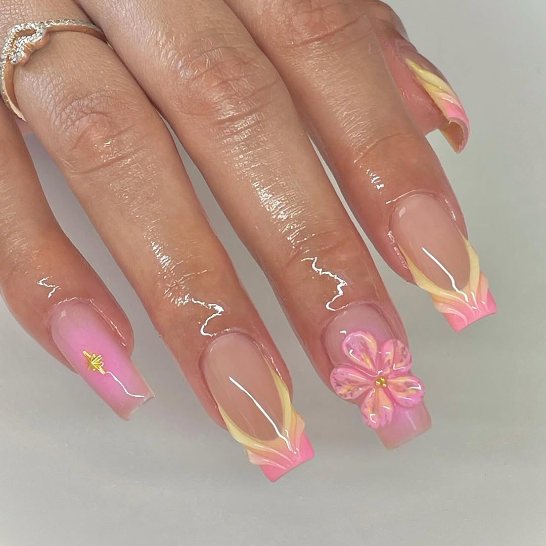 Pink and Yellow Swirl Square Nails with 3D Flower