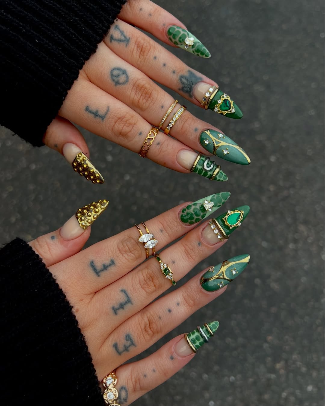 Pointed Emerald Snake Print and Studded Nails