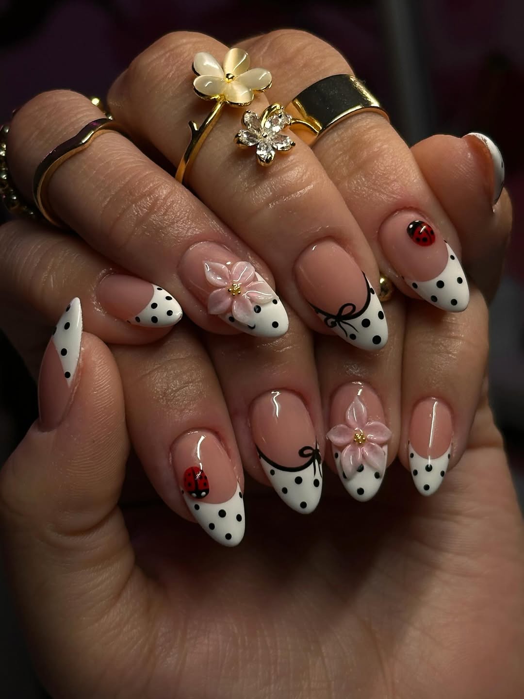 Polka Dot Ladybug and Flower Manicure