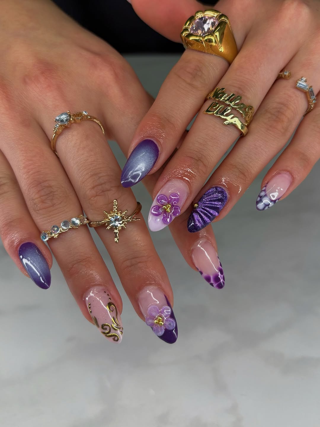 Purple Aura And Gold Swirl Almond Manicure