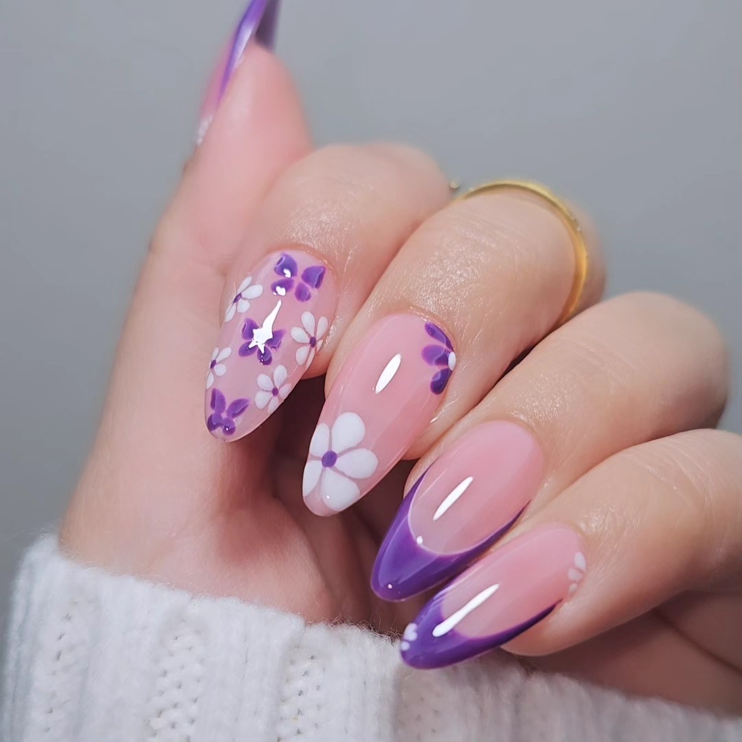 Purple French Tips and Floral Accents