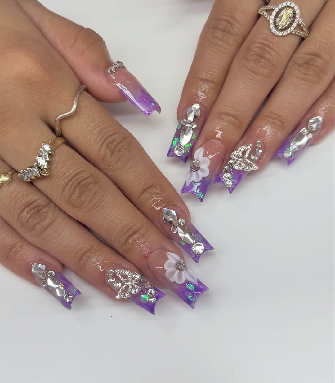 Purple Ombre With Rhinestones And Floral Charms