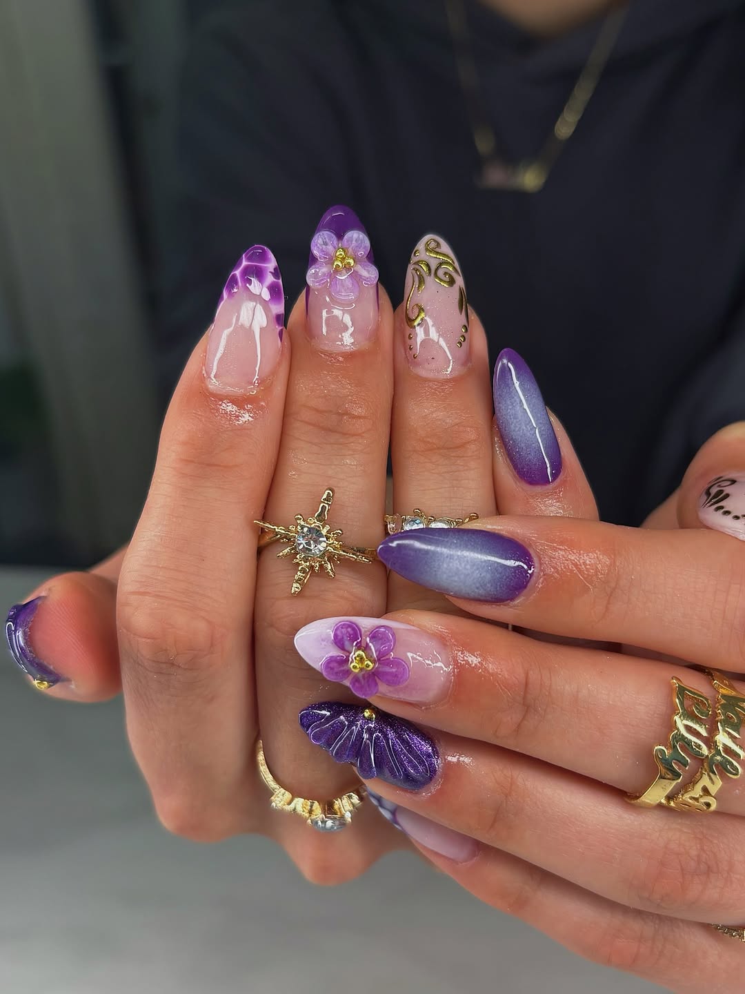 Purple Ombre and Floral Nails