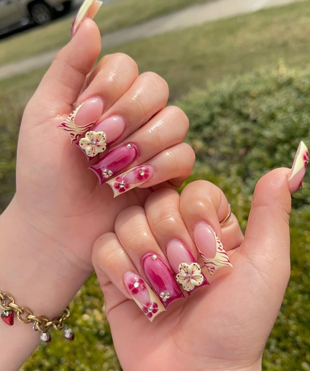 Raspberry and Cream Floral Square Nails