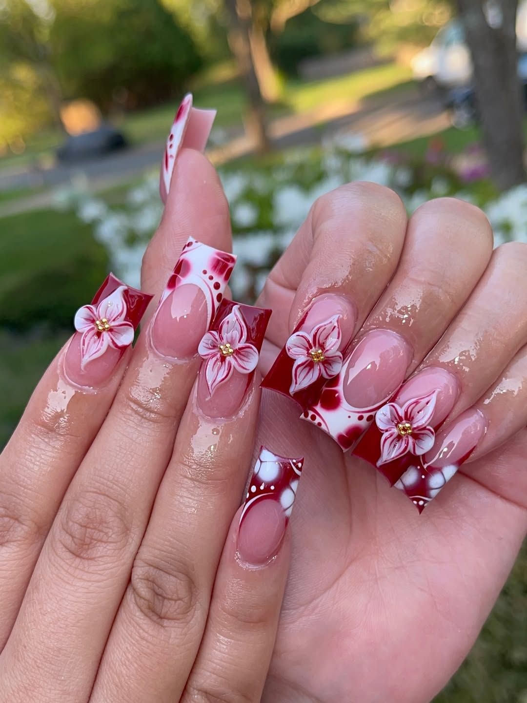 Red And White 3D Floral Nails