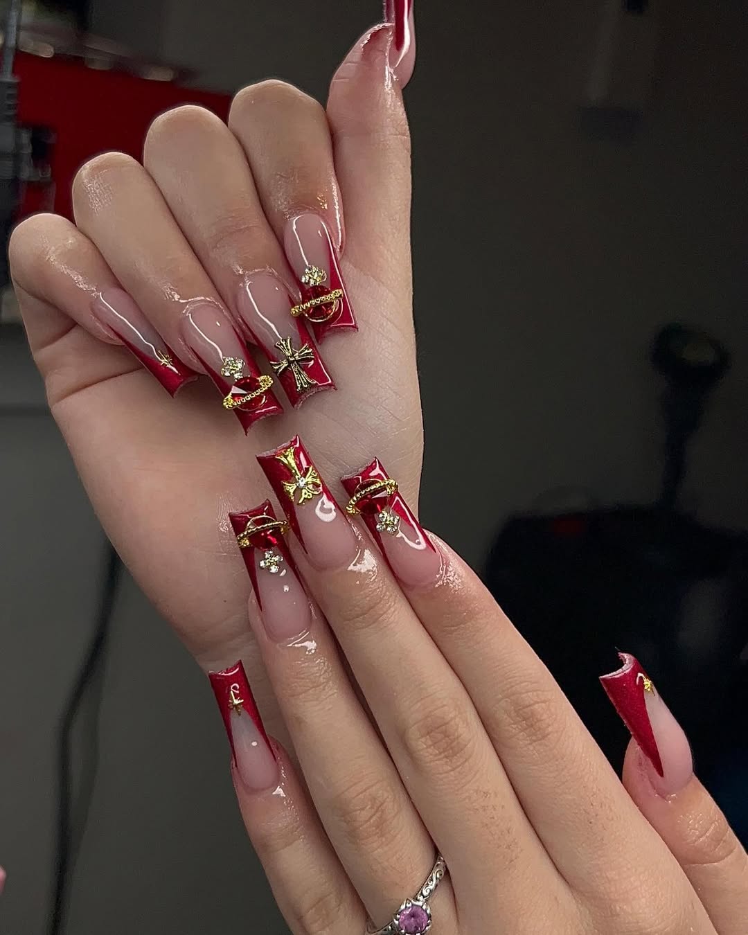 Red Chrome French Tips With Gold Charms