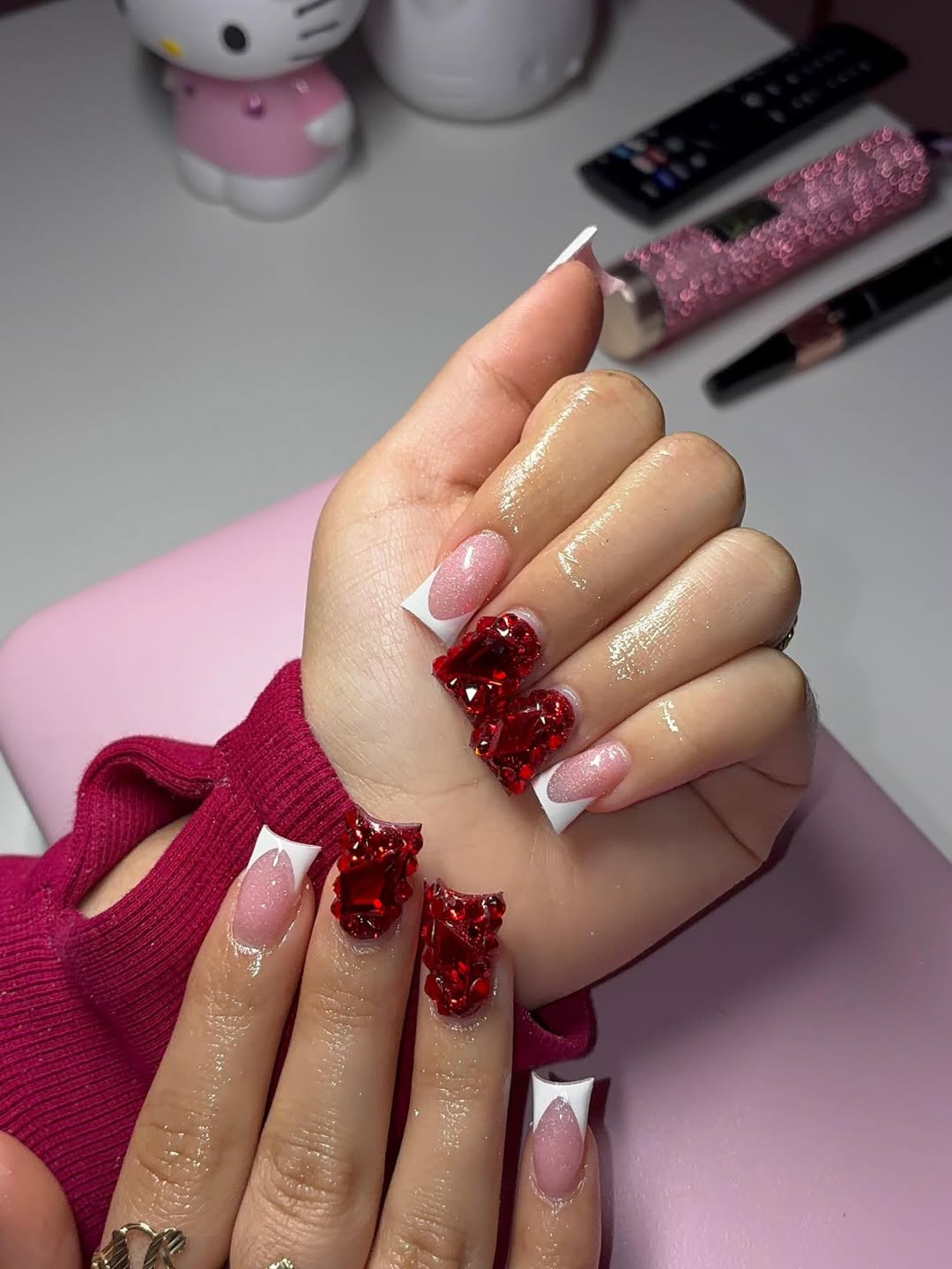Red Rhinestone Accent French Tips