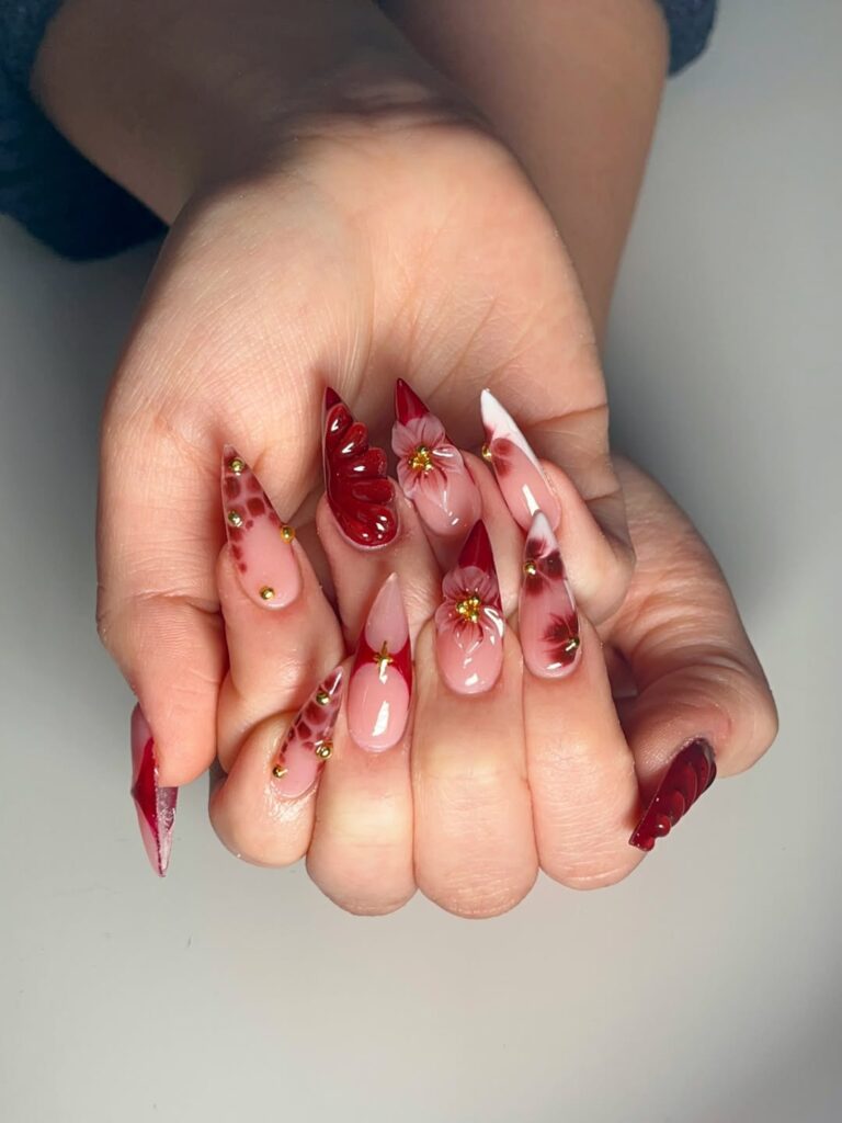 Red Stiletto Floral Nails