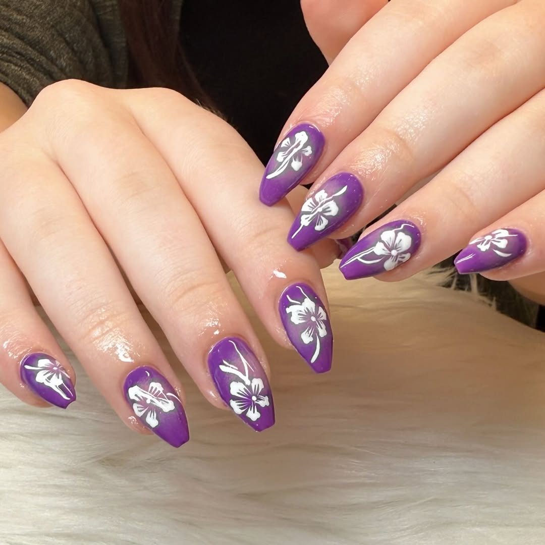Rich Purple and White Floral Nails