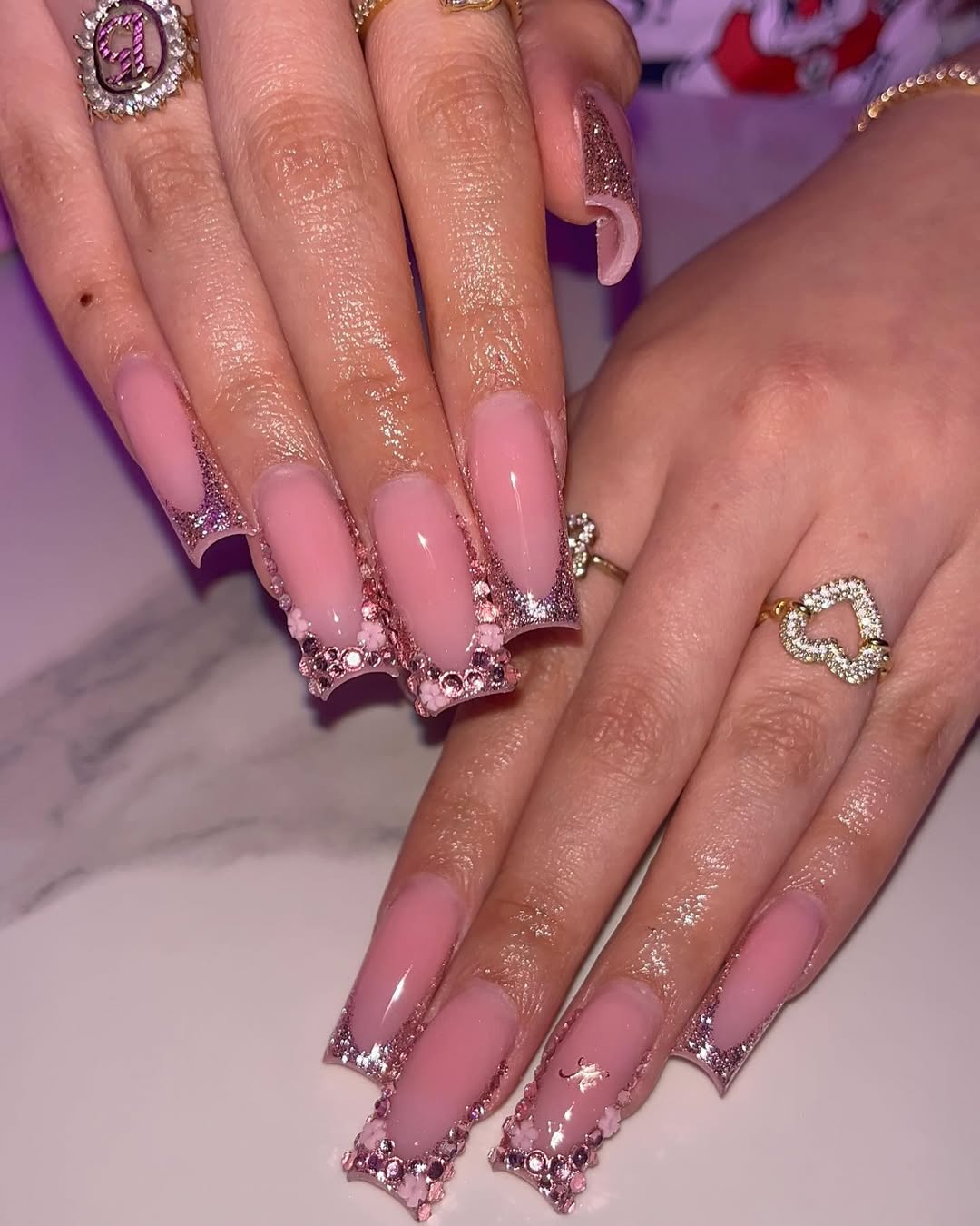 Rose Gold Glitter and Gemstone Tips