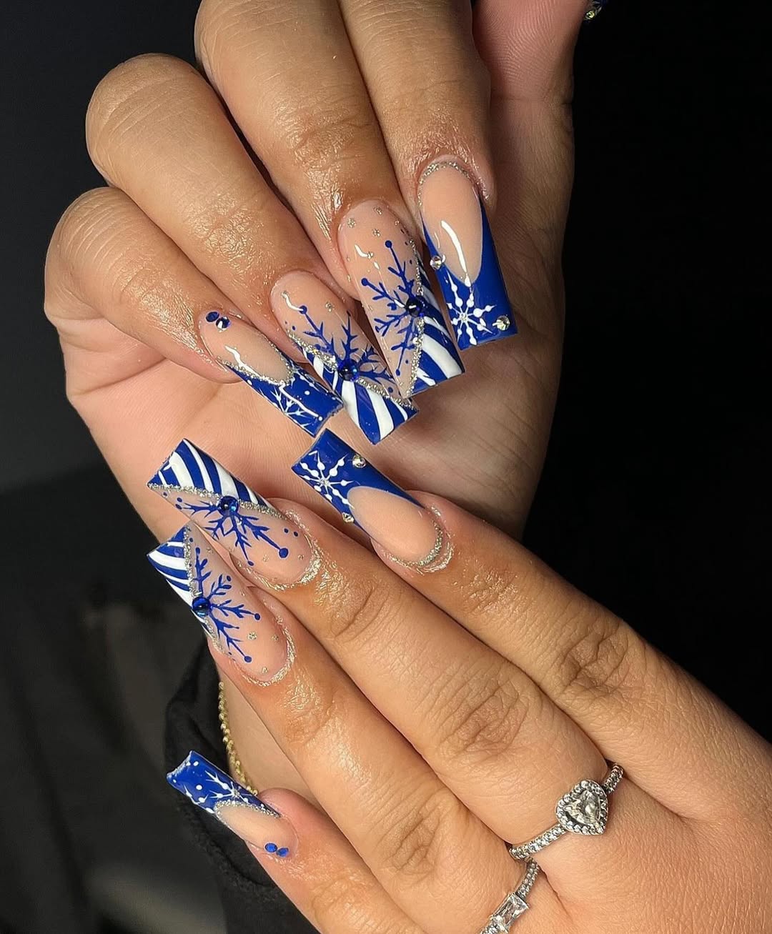 Royal Blue Snowflake and Stripe Nails