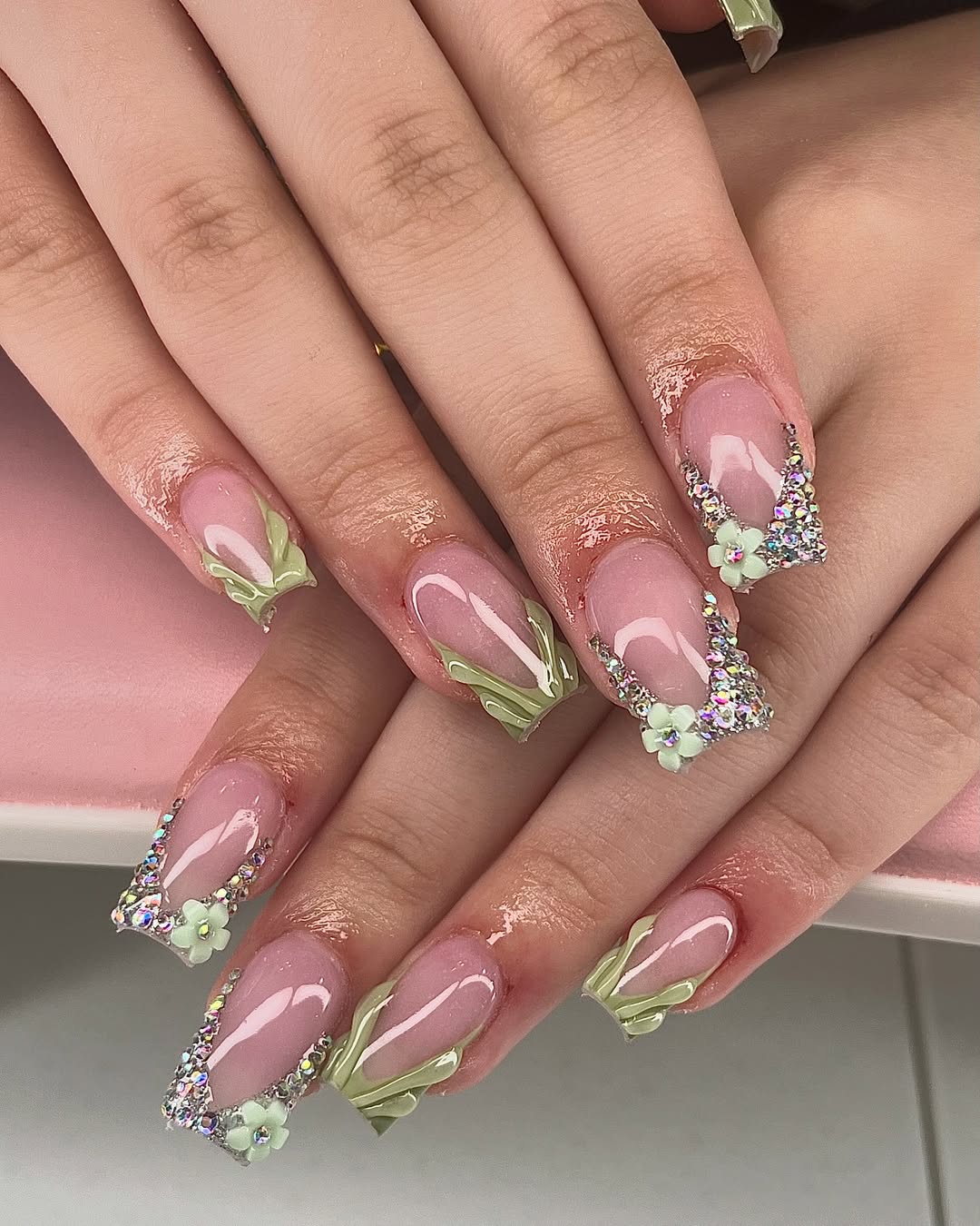 Sage Wavy and Rhinestone Tips