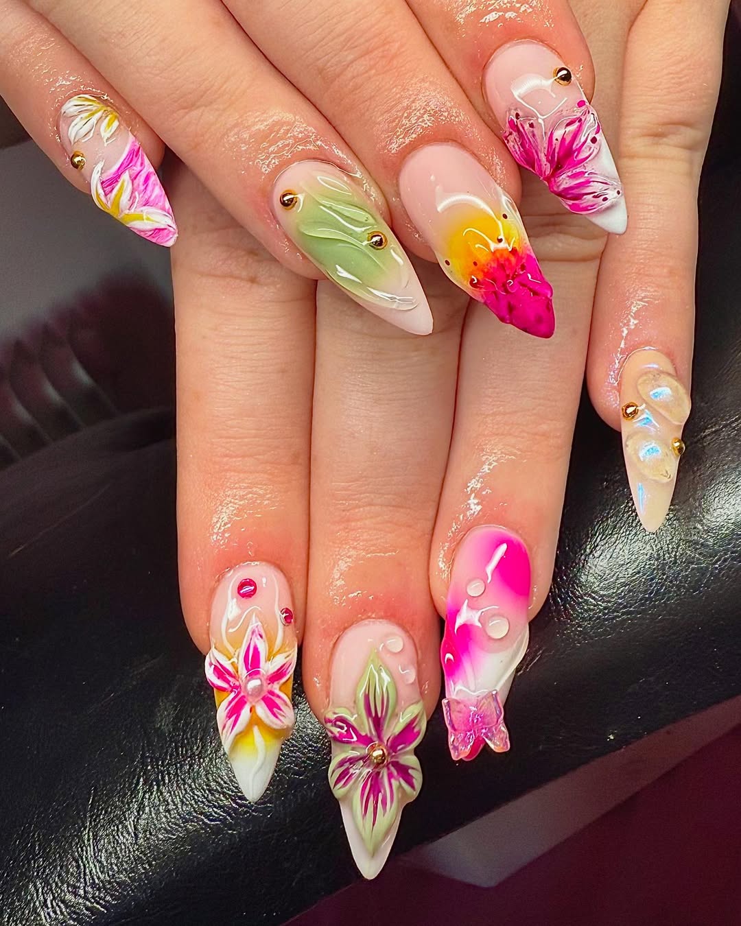 Sculpted Floral And Butterfly Stiletto Nails