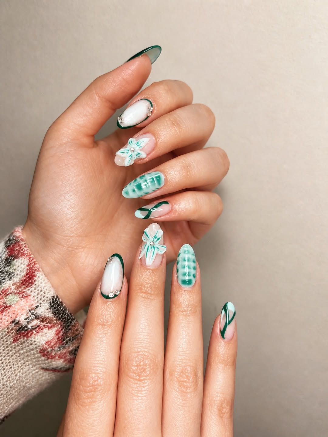 Sculpted Lily and Emerald Crocodile Almond Nails