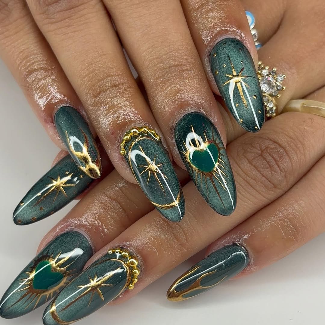 Shimmering Dark Green and Gold Celestial Nails