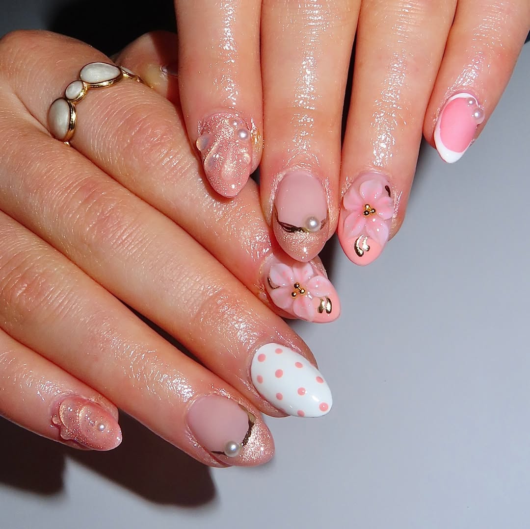 Shimmering Rose and Polka Dot Nails
